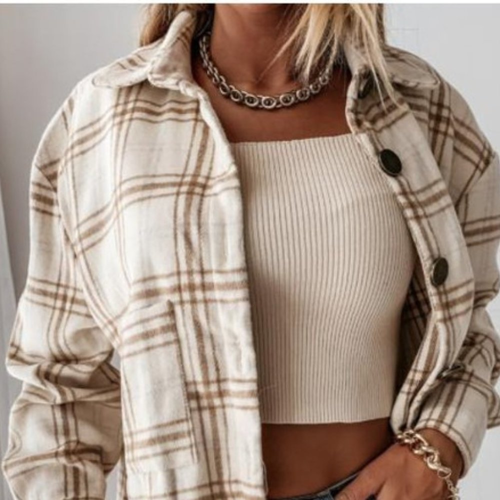 New Plaid Stripe Oversized Flannel Shirt Jacket - Picture 4 of 8
